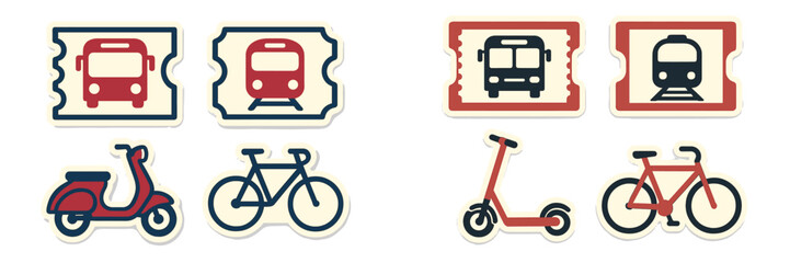 Transport options and ticket designs representing various modes of travel in a city context