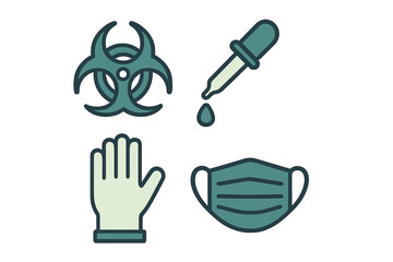 Illustration of safety equipment including a biohazard symbol, medical dropper, gloves, and face mask in a healthcare context