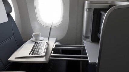 Airplane business class seat with laptop and coffee - Powered by Adobe