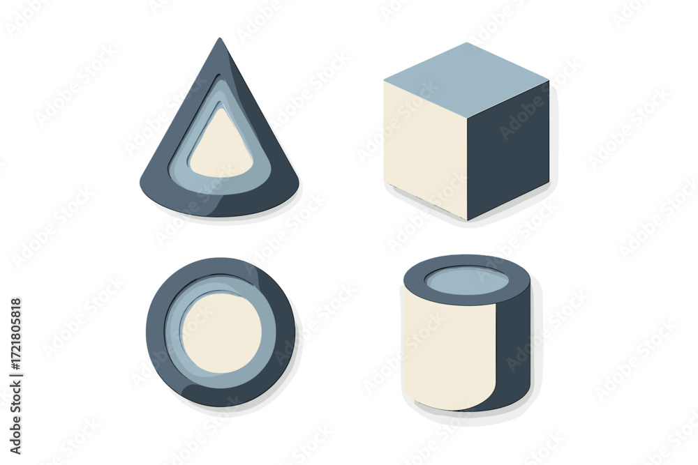Aufkleber shapes arranged in a modern design featuring a triangular, circular, and cubic object in muted color