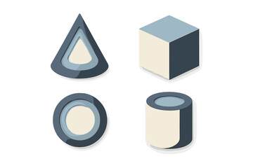 Shapes arranged in a modern design featuring a triangular, circular, and cubic object in muted colors