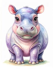 Obraz premium A charming, cartoonish purple hippopotamus with big eyes and a friendly expression, standing on a grassy patch.