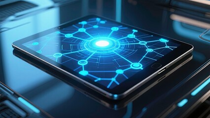Digital Tablet Interface Displaying Glowing Network Connections, Data Nodes, and Intricate Circuitry Patterns. ai generative