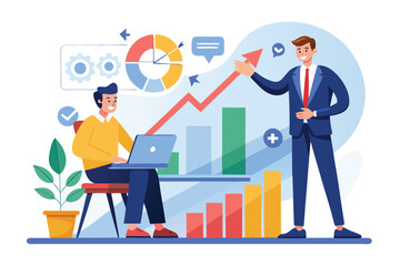 Business professionals analyzing growth trends while discussing strategies in a modern office setting