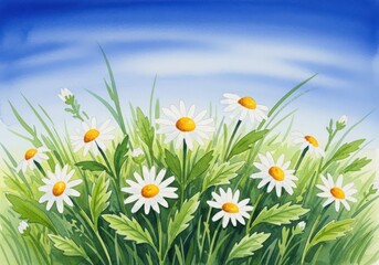Field of daisies under a blue sky, watercolor painting, vibrant green grass, summer meadow, natures beauty