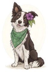 Smiling Border Collie with Flower and Bandana