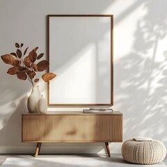 Contemporary home interior with mock-up wall poster frame, neutral color palette, and soft cozy textures, interior of a room