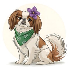 Charming Japanese Chin with Flower and Bandana