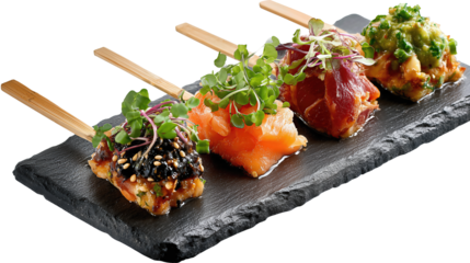 Three canapé skewers with salmon, olive tapenade, and microgreens on slate, isolated on transparent background.
