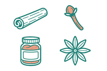 Various spices and ingredients displayed together with unique illustrations in vibrant colors