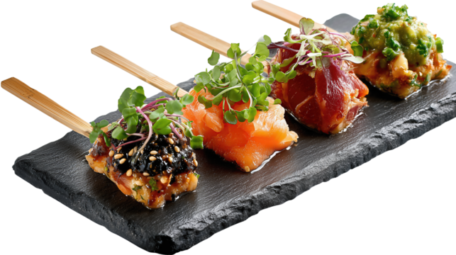 Three canapé skewers with salmon, olive tapenade, and microgreens on slate, isolated on transparent background.
 - Powered by Adobe