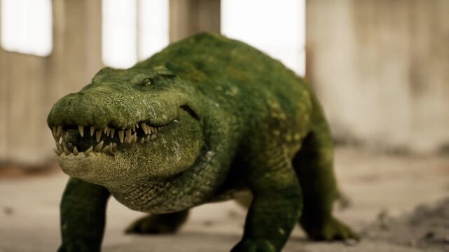 A crocodile moves through the remains of an abandoned structure, blending with its surroundings. The animal shows features of adaptation, showcasing its rough skin and powerful physique.