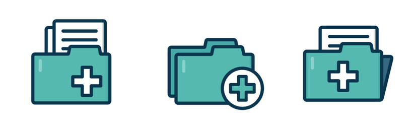 Obraz premium An illustrated set of three icons representing medical records or health data management. Each icon features a teal-colored folder