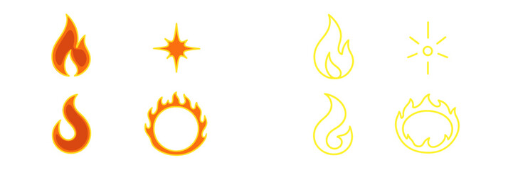 Colorful fire and flame icons in various designs suitable for graphic use or decoration