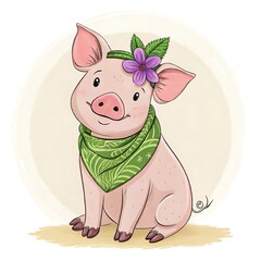 Charming Piglet with Flower and Scarf