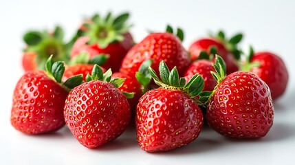Closeup of Ripe Red Strawberries with Green Stems on White Surface, High Detail