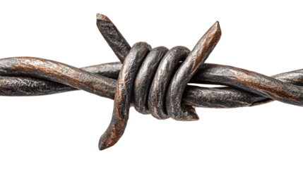 Oxidized steel barbed wire piece with subtle wear and twisted strands, isolated on transparent background.
