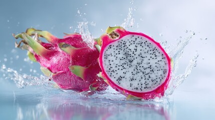 The vibrant dragon fruit splashing in crystal-clear water.