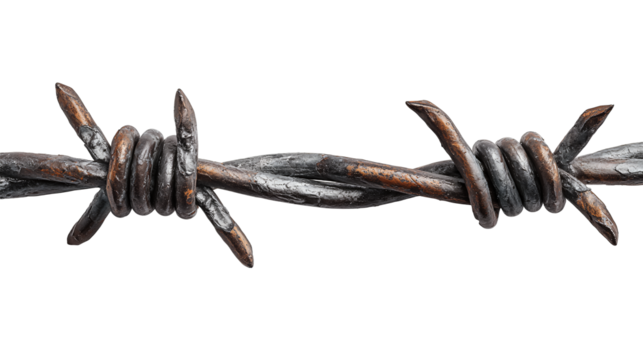 Twisted barbed wire segment in dark oxidized steel with sharp spikes, isolated on transparent background.
