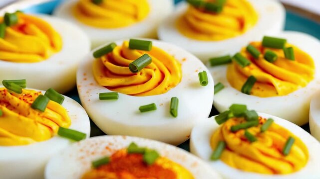 Deviled eggs topped with paprika and chopped chives.
