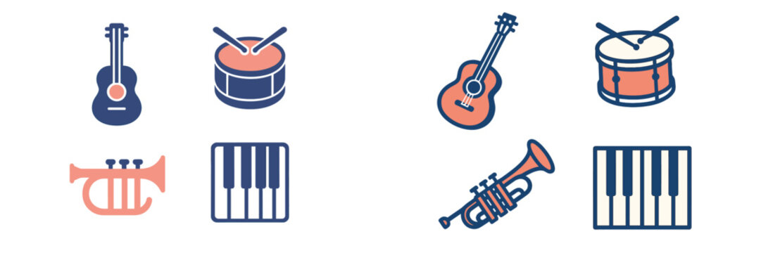 Musical instruments in various styles showcasing guitars, drums, trumpets, and pianos at a lively sound event