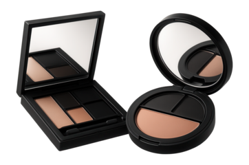 Opened square and round black makeup cases with mirrors.