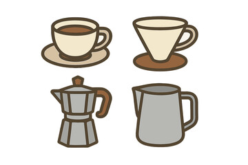 Various coffee brewing tools and a cup of coffee placed on a simple background in a cozy setting