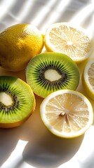 CloseUp of Sliced Kiwi Fruit and Lemons Under Bright Sunlight on White Background