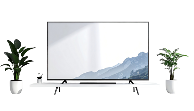 Flat screen TV on a white shelf with plants