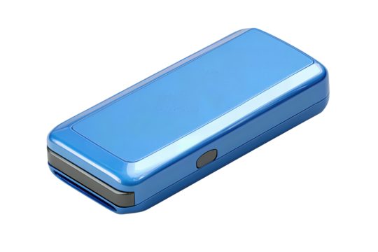 Modern blue access control device with LED indicator and slim body, isolated on transparent background.
