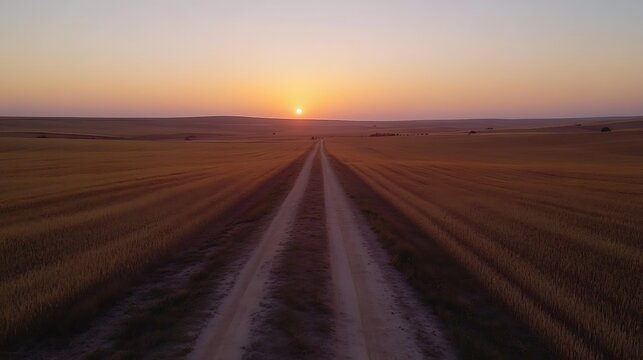 A lonely dirt road through open fields at sunset with shadows