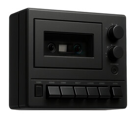 Black vintage audio cassette recorder on a white background.