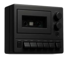Black vintage audio cassette recorder on a white background.