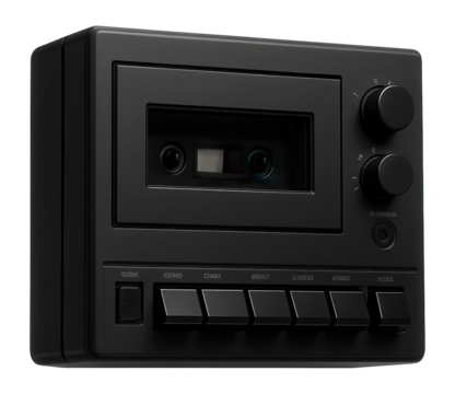 Black vintage audio cassette recorder on a white background.