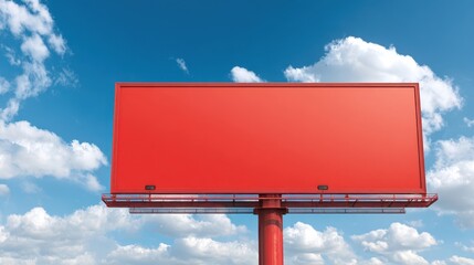 The blank billboard against a bright blue sky with fluffy white clouds.