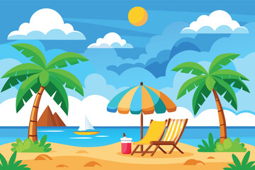 Relaxing beach scene with tropical palms, sun, and sailboat on calm water during a bright day