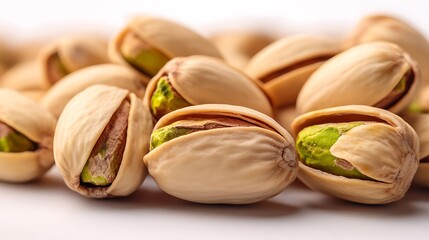 Closeup of Shelled Pistachios Heap Displaying Green Kernels on White Background, Macro Shot