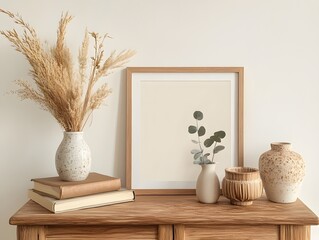 Elegant living room interior with blank poster mock-up frame, comfortable sofa, and natural textures, interior design scene