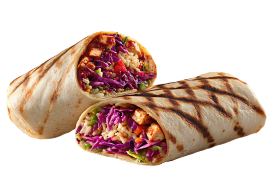 Two grilled burrito halves with toasted marks and colorful fillings, isolated on transparent background.
