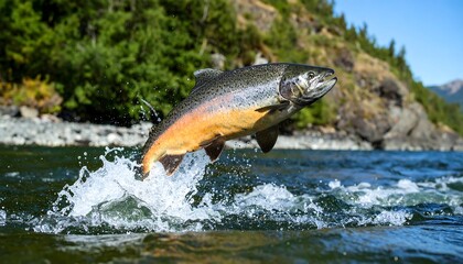 Majestic salmon leaping in a river