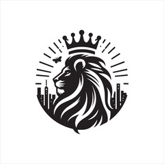 Majestic Lion Profile with Crown and Cityscape Silhouette Design.