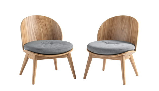 Two light-wood chairs with gray cushions