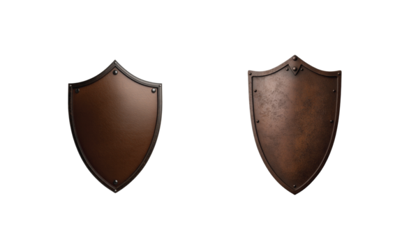 Vintage leather and metal medieval shields on black background