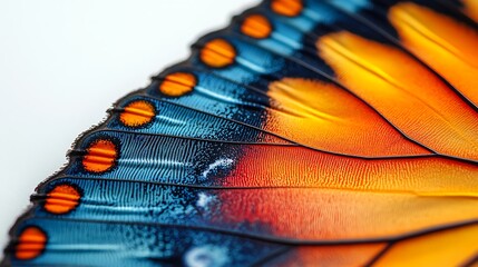 Closeup of Vibrant Butterfly Wing Displaying Blue, Orange, and Black Detailed Markings
