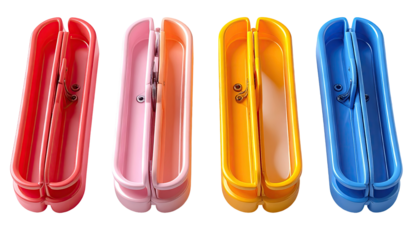Four colorful, rectangular containers