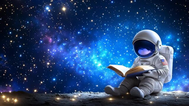 Adorable cartoon astronaut sitting on moon reading a book with stars and galaxy in the background, illustrating imagination, space exploration, and education.