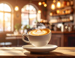 Creamy latte latte art ceramic mug saucer steam cozy cafe warm light wooden table blurred background morning coffee