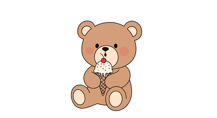 Fototapeta premium A cute cartoon teddy bear is sitting and enjoying eating a delicious ice cream cone.