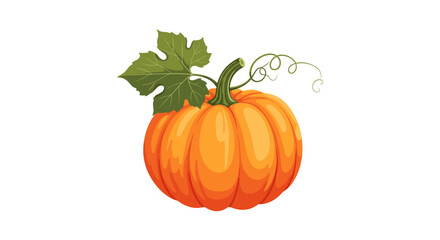 Obraz premium A vibrant orange pumpkin with a green leaf and curly vine stem.