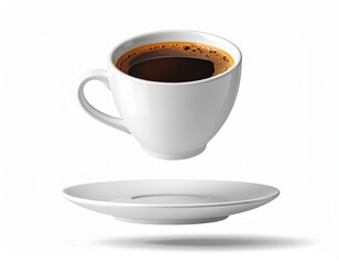 Floating coffee cup white ceramic saucer isolated minimal modern kitchenware clipart levitating D floating effect
